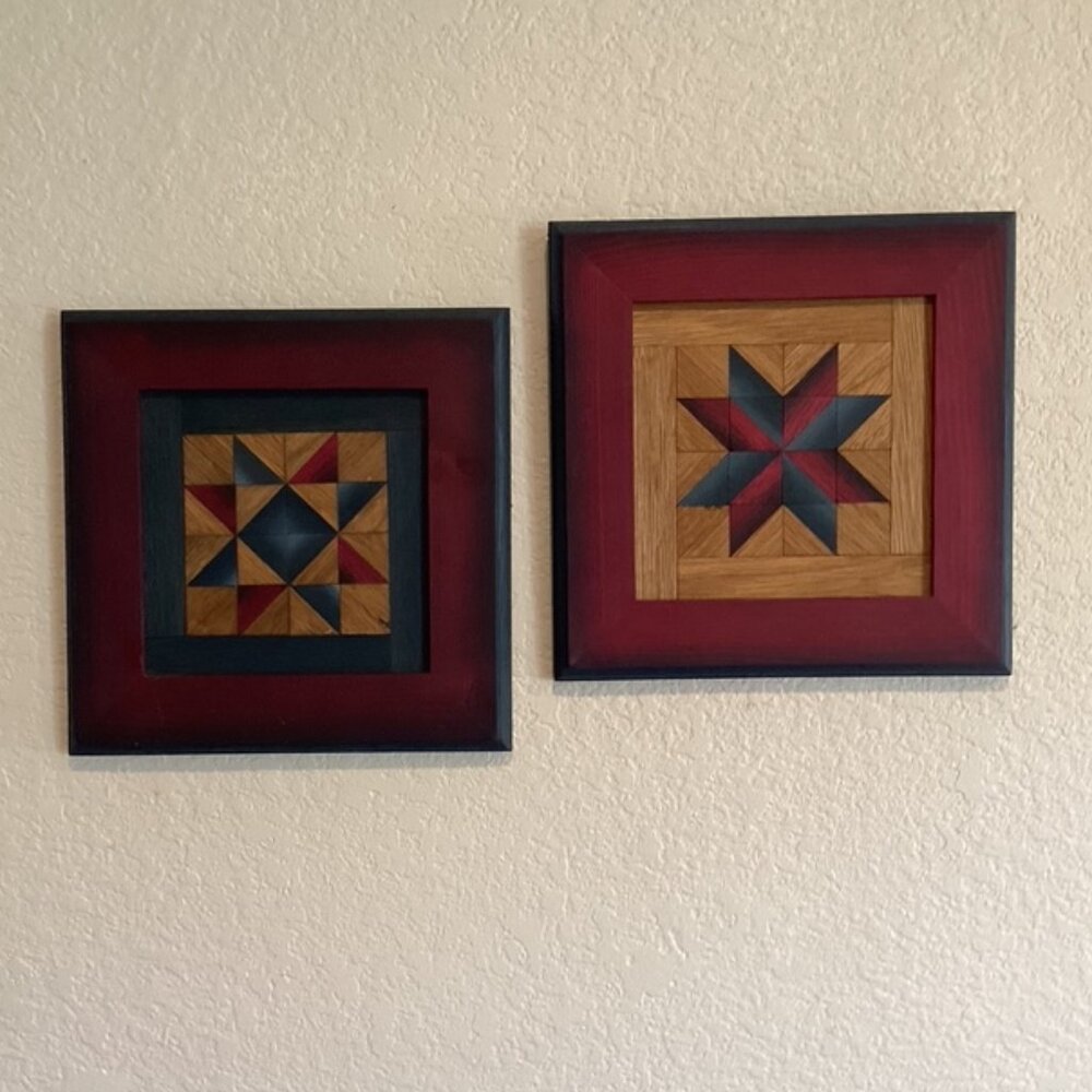 Pair of Wooden Quilt Inlay Framed Art‎ Geometric Mosiac Design 9.5"x9.5"